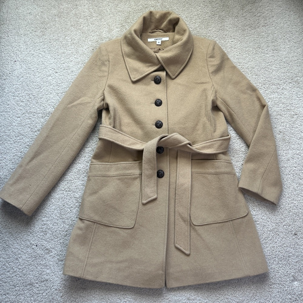 VTG DKNY Camel Wool Blend Coat Jacket Sz 10 Women's Tan Collared Tie-Waist READ